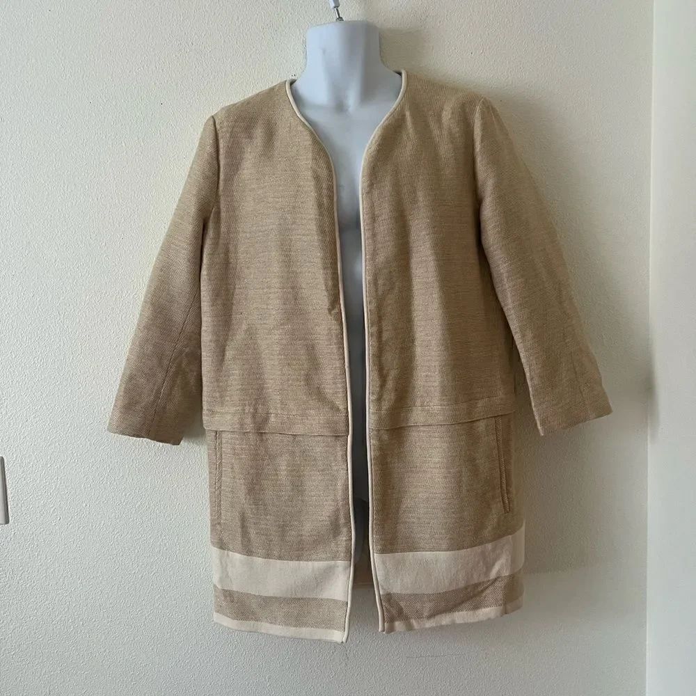 Zara Basic Open Front Long Sleeve Textured Mid Length Jacket Large Beige Tan L